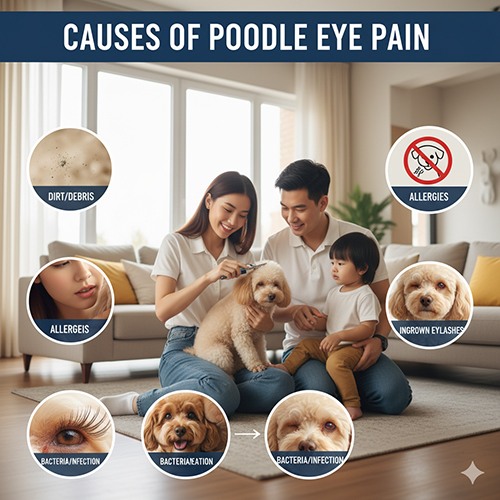 Nguyên nhân chó Poodle bị đau mắt: viêm kết mạc, dị ứng, bụi bẩn, quặm lông mi, nhiễm khuẩn