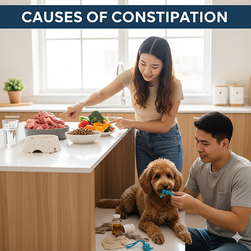 Nguyên nhân chó Poodle bị táo bón – chế độ ăn thiếu chất xơ, ít vận động, nuốt dị vật và tác dụng phụ thuốc