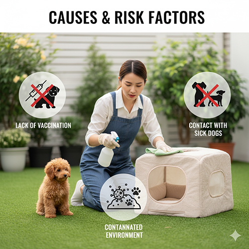 Nguyên nhân và yếu tố nguy cơ khiến chó Poodle mắc bệnh Parvo – chưa tiêm phòng, môi trường bẩn, tiếp xúc chó bệnh