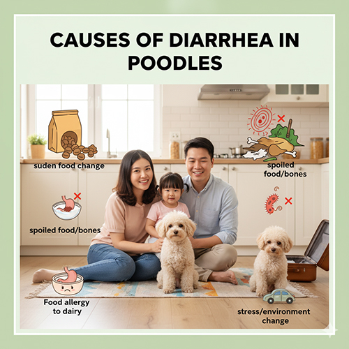 Nguyên nhân chó Poodle bị tiêu chảy: thay đổi thức ăn đột ngột, ăn đồ ôi thiu hoặc xương vụn, dị ứng thực phẩm, nhiễm vi khuẩn ký sinh trùng, stress hoặc thay đổi môi trường