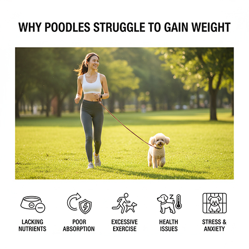 Nguyên nhân khiến Poodle gầy khó tăng cân – thiếu dinh dưỡng, hấp thụ kém, vận động quá nhiều, bệnh lý, stress.