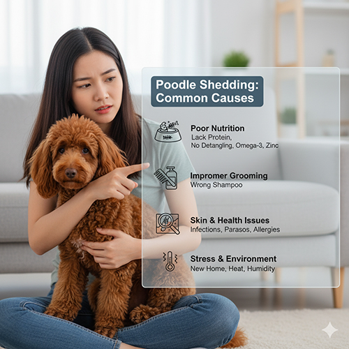 Nguyên nhân chó Poodle rụng lông nhiều: thiếu dinh dưỡng, chăm sóc sai cách, bệnh da, stress và môi trường