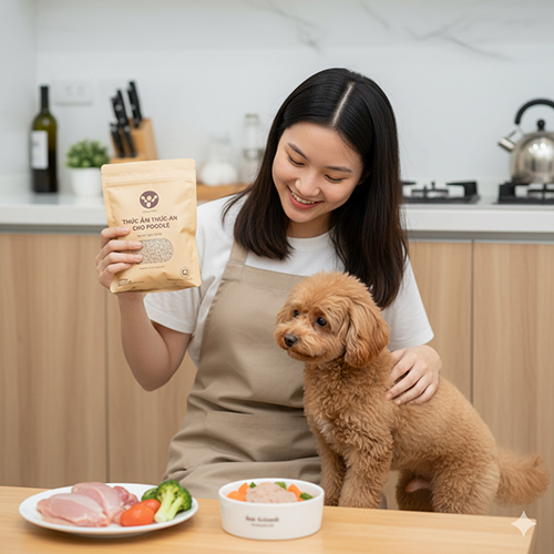 Cô gái chuẩn bị bữa ăn đầy đủ dinh dưỡng cho chó Poodle nâu đỏ với thịt, rau củ và thức ăn hạt chuyên dụng.