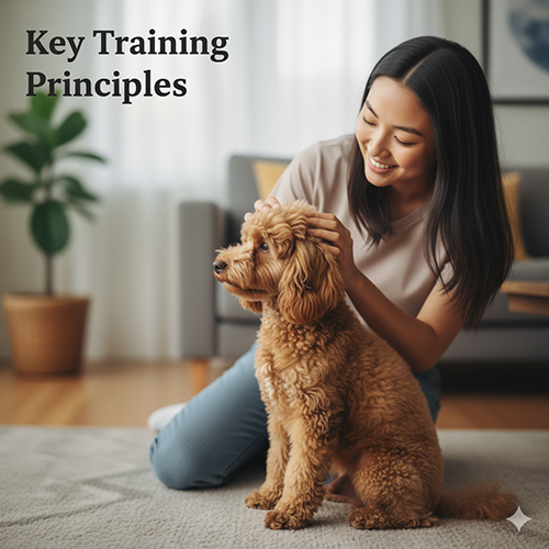 Cô gái vui vẻ vuốt ve chó Poodle nâu đỏ trong phòng khách, minh họa nguyên tắc huấn luyện cơ bản.