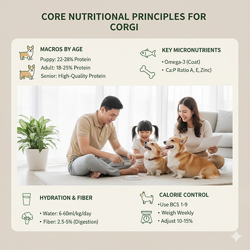 Nguyên tắc dinh dưỡng cốt lõi cho chó Corgi – protein, chất béo, carb, vitamin, khoáng