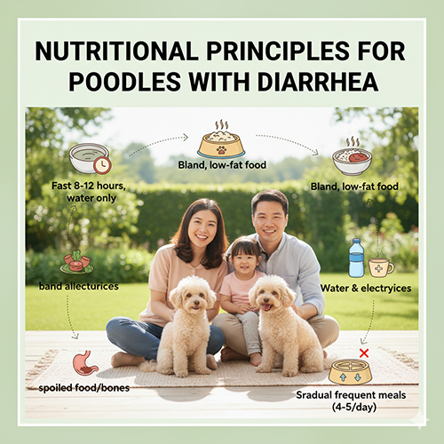 Nguyên tắc dinh dưỡng cho chó Poodle bị tiêu chảy: nhịn ăn 8–12 giờ đầu, ăn thức ăn dễ tiêu ít béo, bổ sung nước và điện giải, chia 4–5 bữa nhỏ, tránh đổi thức ăn đột ngột