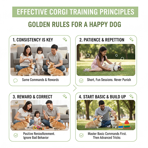 Nguyên tắc huấn luyện chó Corgi hiệu quả 🐾 Kiên nhẫn, nhất quán, thưởng – phạt hợp lý, bắt đầu từ cơ bản.