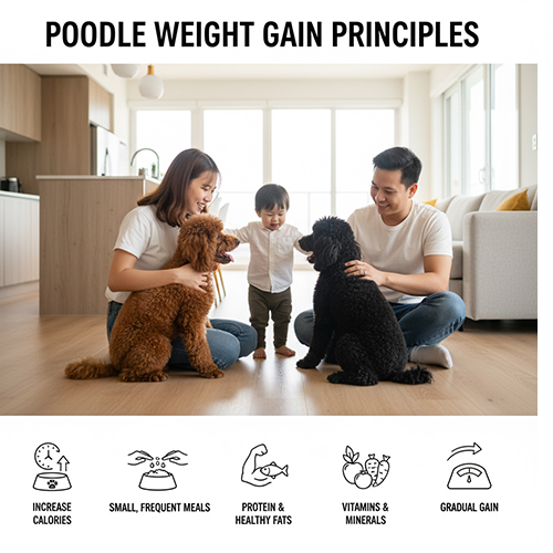 Nguyên tắc tăng cân cho chó Poodle – tăng calo, chia nhỏ bữa, bổ sung đạm, chất béo, vitamin và khoáng.