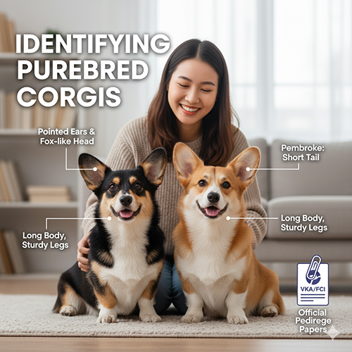 Nhận biết chó Corgi thuần chủng – dáng thân dài cân đối, mông tròn, tai dựng, màu lông chuẩn, đuôi phân biệt Pembroke và Cardigan, giấy VKA/FCI