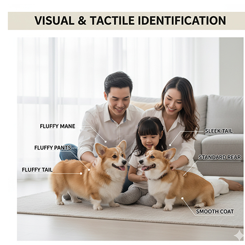 Gia đình chơi cùng hai bé Corgi, một Fluffy và một Standard, minh họa các vùng nhận diện lông