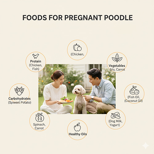 🥩 Nhóm thực phẩm nên cho chó Poodle mang thai: protein, tinh bột, rau củ, sữa, dầu cá