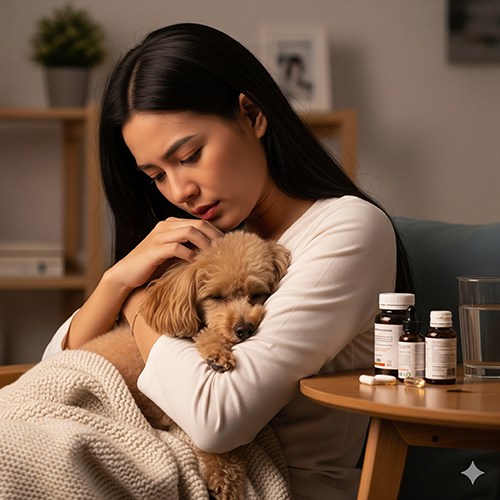 Cô gái lo lắng ôm chó Poodle nâu nhạt bị mệt, bên cạnh là thuốc và nước, minh họa nhu cầu dinh dưỡng đặc biệt.