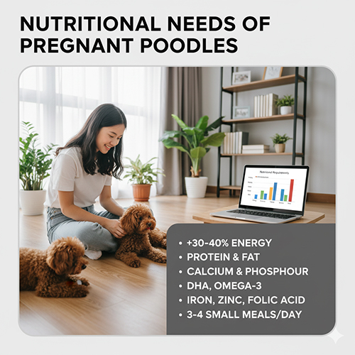 Nhu cầu dinh dưỡng của chó Poodle mang thai: tăng 30–40% năng lượng, bổ sung protein, chất béo, canxi, photpho, DHA, omega-3, sắt, kẽm, axit folic