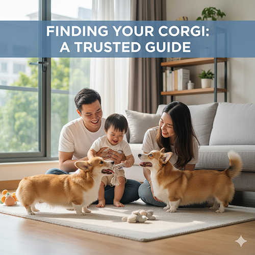 Gia đình hạnh phúc chơi cùng hai bé Corgi Pembroke trong phòng khách, minh họa nơi bán Corgi uy tín và an toàn
