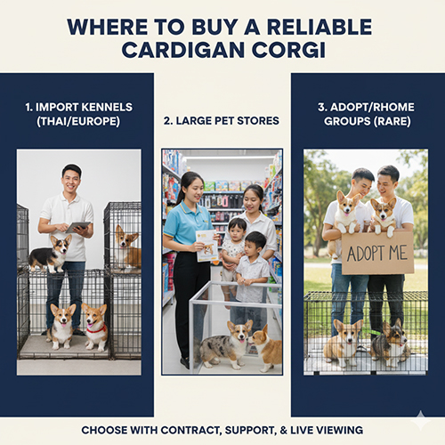 Hình minh họa ba nơi mua Corgi Cardigan uy tín: trại nhập khẩu, shop thú cưng lớn, nhóm adopt/rehome