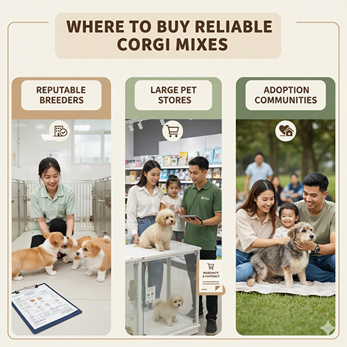 Hình ảnh minh họa ba nơi mua Corgi lai uy tín gồm trại nhân giống, shop thú cưng lớn và cộng đồng nhận nuôi