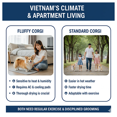 So sánh Fluffy Corgi và Standard Corgi trong điều kiện khí hậu nóng ẩm Việt Nam và cuộc sống căn hộ