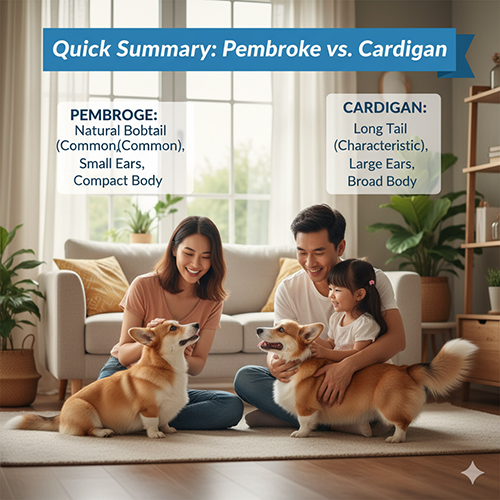 So sánh nhanh giữa Corgi Pembroke bobtail bẩm sinh và Corgi Cardigan đuôi dài, giúp phân biệt hai giống dễ dàng.