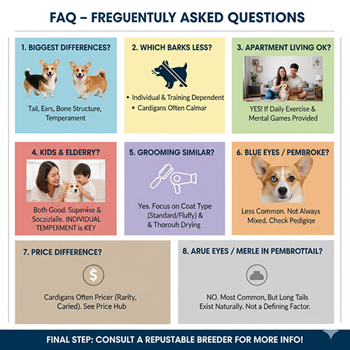 FAQ Pembroke vs Cardigan Corgi – câu hỏi thường gặp về khác biệt, sủa, nuôi căn hộ, chăm lông, giá
