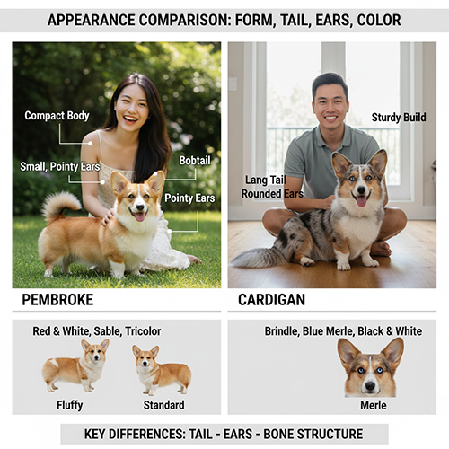 So sánh ngoại hình Pembroke vs Cardigan Corgi – form, đuôi, tai và màu lông