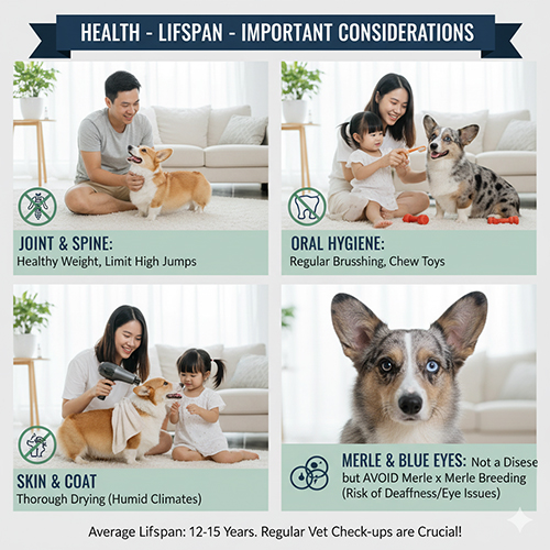 Sức khỏe và tuổi thọ Pembroke vs Cardigan Corgi – khớp, răng miệng, da lông, merle & mắt xanh