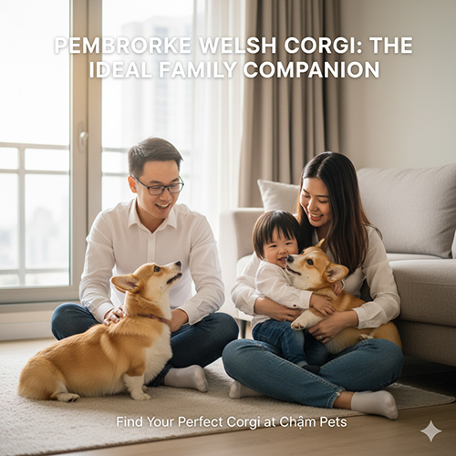Gia đình hạnh phúc chơi cùng hai chú Pembroke Welsh Corgi trong phòng khách