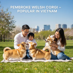Gia đình vui đùa cùng ba bé Pembroke Welsh Corgi trong công viên tại Việt Nam
