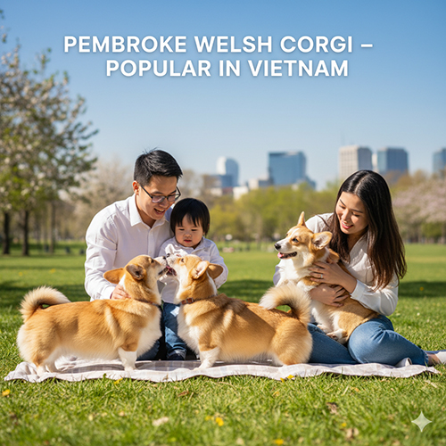 Gia đình vui đùa cùng ba bé Pembroke Welsh Corgi trong công viên tại Việt Nam