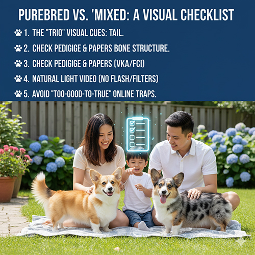 Gia đình vui đùa cùng hai bé Corgi, một bé có mắt xanh, ngoài sân vườn