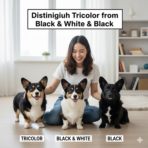 Người nuôi ngồi cạnh ba chú chó Corgi với màu lông khác nhau: Tricolor, đen trắng và đen thuần 🐶🖤🤍🤎