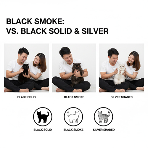 So sánh mèo Anh lông ngắn Black Smoke với mèo đen thuần (Black Solid) và Silver Shaded trong cùng khung hình