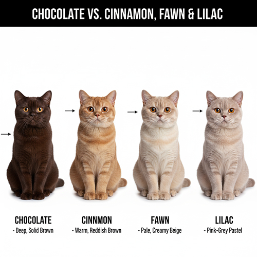 So sánh mèo Anh lông ngắn Chocolate, Cinnamon, Fawn và Lilac với sự khác biệt về tông màu nâu và pastel