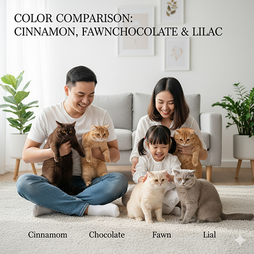 So sánh mèo Anh lông ngắn Cinnamon, Fawn, Chocolate và Lilac với sự khác biệt về tông nâu, be và xám hồng