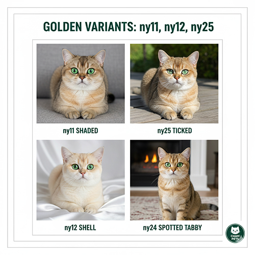 So sánh mèo Anh lông ngắn Golden Ticked (ny25) với Golden Shaded (ny11), Shell (ny12) và Spotted Tabby (ny24)