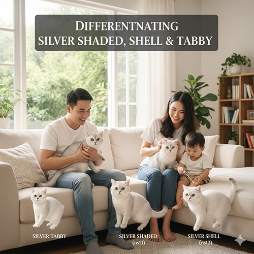 Phân biệt mèo Anh lông ngắn Silver Shaded (ns11), Silver Shell (ns12) và Silver Tabby trong cùng một khung hình