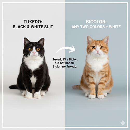 So sánh mèo Anh lông ngắn Tuxedo đen trắng và Bicolor nhiều màu kết hợp trắng