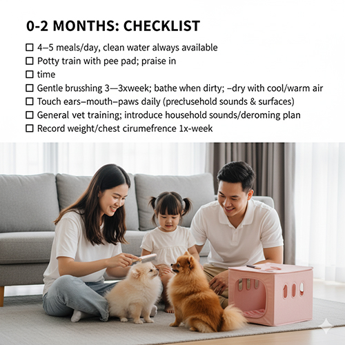 Checklist chăm sóc Phốc Sóc 0–2 tháng; gia đình chơi với hai bé Pom cạnh chuồng crate hồng trong phòng khách.
