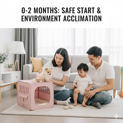 Gia đình giúp chó Phốc Sóc 0–2 tháng làm quen môi trường trong nhà, tập quen crate và chăm sóc an toàn.