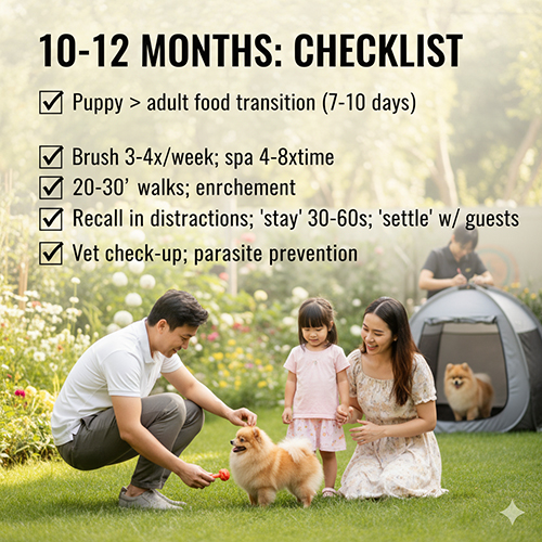 Checklist chăm sóc Phốc Sóc 10–12 tháng: chuyển puppy → adult 7–10 ngày, chải 3–4 lần/tuần, spa 4–8 tuần, đi dạo 20–30′, enrichment có luật, recall trong xao nhãng, “ở yên” 30–60″, settle khi có khách, khám tổng quát & phòng ký sinh trùng; ảnh gia đình tập luyện với Pom trong vườn.