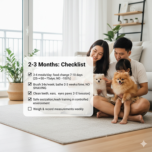 Checklist chăm sóc Phốc Sóc 2–3 tháng: 3–4 bữa/ngày, chải 3–4 lần/tuần, tắm 2–3 tuần/lần (không cạo sát), vệ sinh răng–tai–mắt, toilet/crate/leash cơ bản, xã hội hoá an toàn, cân đo hàng tuần; ảnh gia đình chơi với hai Pom trong phòng khách.