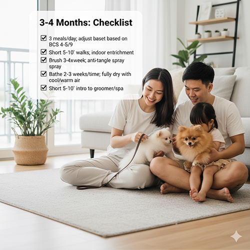 Checklist chăm sóc Phốc Sóc 3–4 tháng: 3 bữa/ngày; đi dạo 5–10 phút; chải 3–4 lần/tuần, tắm 2–3 tuần/lần (sấy khô hoàn toàn); xịt dưỡng chống rối; leash manners và kiểm soát gặm do thay răng; làm quen spa 5–10 phút.