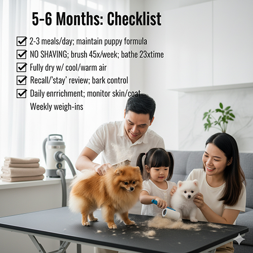 Checklist Phốc Sóc 5–6 tháng: 2–3 bữa/ngày (puppy), không cạo sát, chải 4–5 lần/tuần, tắm 2–3 tuần/lần, ôn recall/“ở yên”, enrichment hằng ngày; ảnh gia đình grooming Pom.
