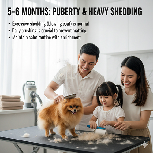 Gia đình chải lông cho chó Phốc Sóc 5–6 tháng trên bàn grooming; rụng lông ồ ạt (blowing coat), giai đoạn dậy thì; chải 4–5 lần/tuần, không cạo sát.