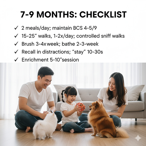 Checklist chăm sóc Phốc Sóc 7–9 tháng: 2 bữa/ngày, giữ BCS 4–5/9; đi dạo 15–25 phút (sniff walk có kiểm soát); chải 3–4 lần/tuần, tắm 2–3 tuần/lần; recall trong xao nhãng, “ở yên” 10–30″; hạn chế nhảy cao/cầu thang dốc; ảnh gia đình chơi với hai Pom trong phòng khách.