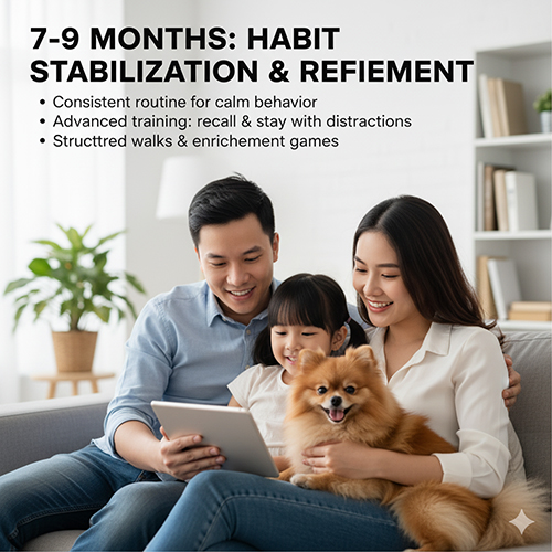 Gia đình ôm chó Phốc Sóc 7–9 tháng trên sofa, xem tablet; giai đoạn ổn định thói quen, huấn luyện nâng cao, đi dạo có cấu trúc và trò chơi ngửi mùi.