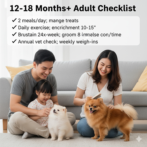 Checklist chăm sóc chó Phốc Sóc 12–18 tháng: 2 bữa/ngày, đi dạo 25–35′, enrichment 10–15′, chải 2–4 lần/tuần, tắm 2–3 tuần/lần, spa 4–8 tuần, duy trì recall/“ở yên”/đi dây chùng, khám định kỳ 6–12 tháng & theo dõi BCS.