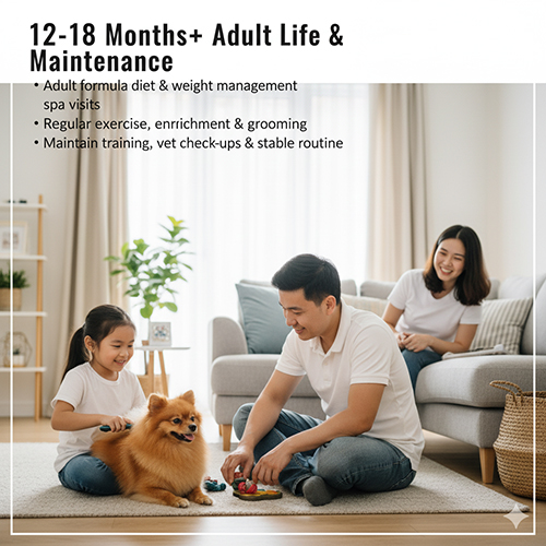 Gia đình chơi cùng chó Phốc Sóc 12–18 tháng trong phòng khách; duy trì chế độ adult, vận động, enrichment và grooming định kỳ.
