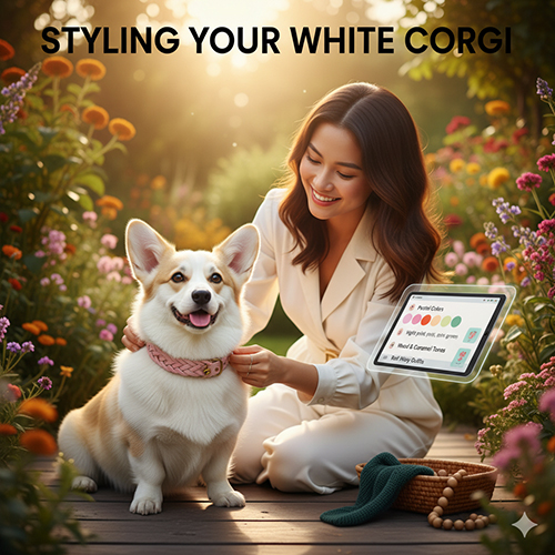Cô chủ phối vòng cổ pastel cho chó Corgi màu trắng trong vườn hoa 🌸🤍