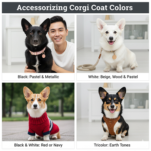 Bộ ảnh minh họa cách phối phụ kiện cho Corgi theo màu lông: đen – vòng pastel/metallic, trắng – phụ kiện be/gỗ, đen trắng – áo len đỏ/navy, tricolor – tông nâu đất.