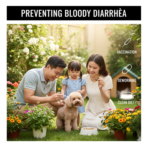 Phòng ngừa tiêu chảy ra máu ở chó Poodle – tiêm phòng, tẩy giun, chế độ ăn sạch, vệ sinh